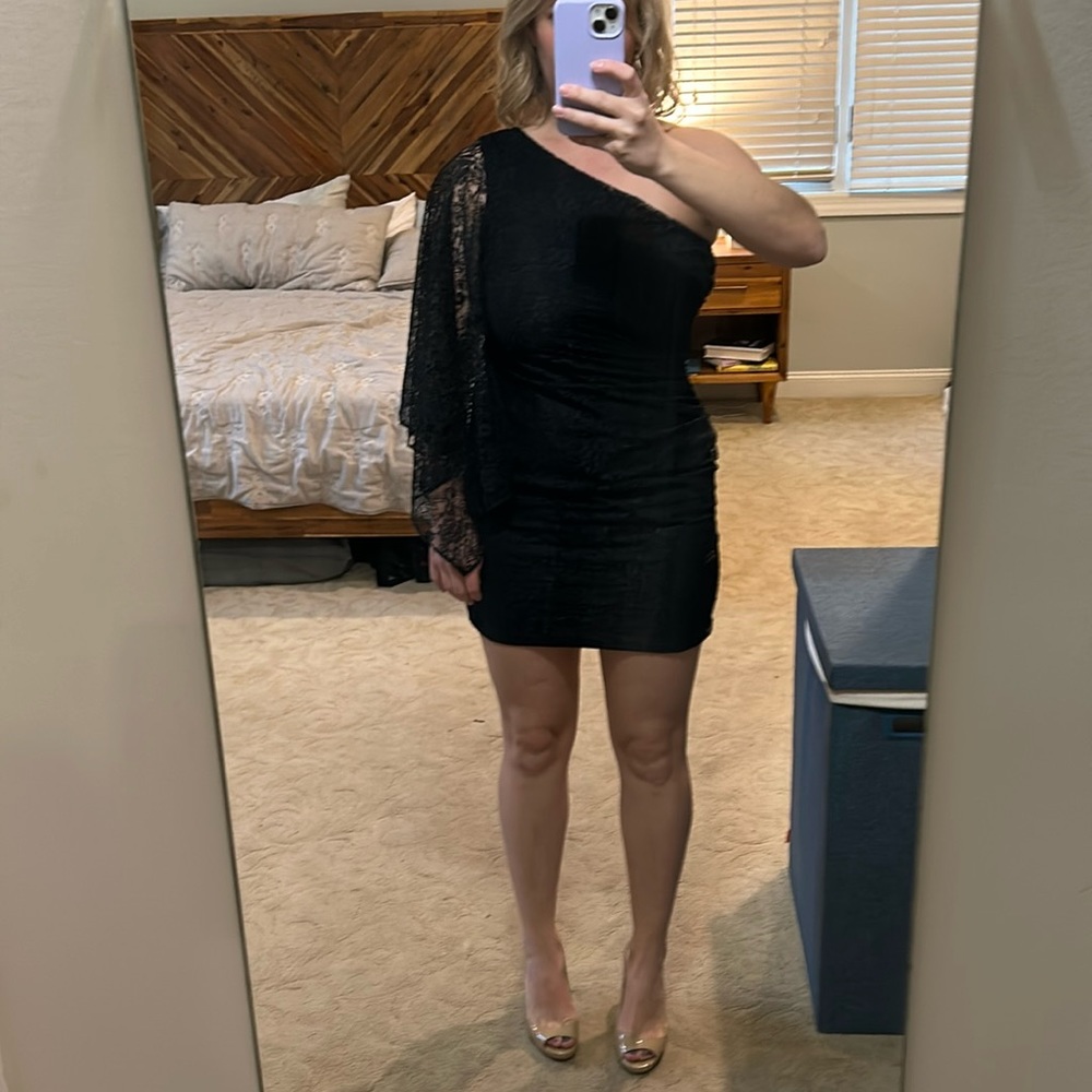 Mini black lace one shoulder dress, worn twice